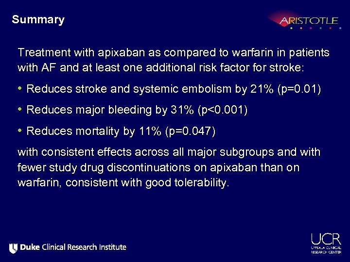 Summary Treatment with apixaban as compared to warfarin in patients with AF and at