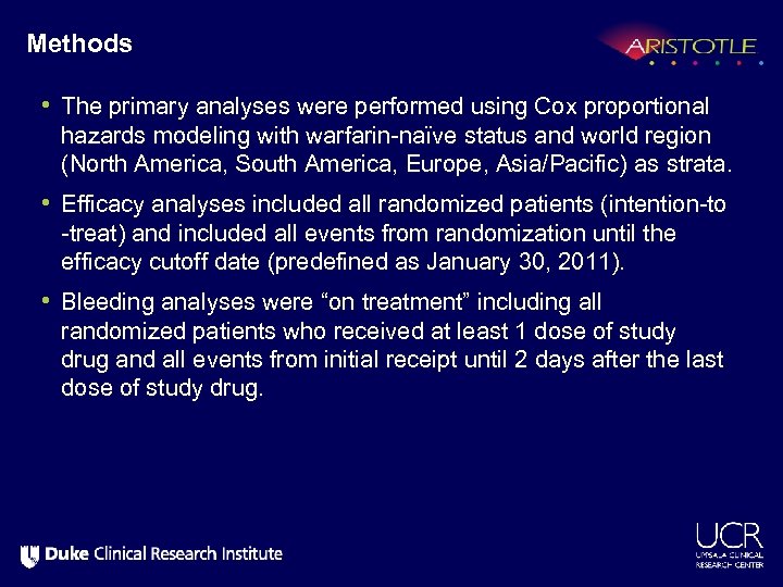 Methods • The primary analyses were performed using Cox proportional hazards modeling with warfarin-naïve