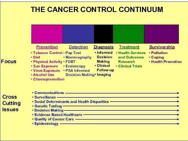 THE CANCER CONTROL CONTINUUM Prevention Focus Cross Cutting Issues Detection Diagnosis Treatment Survivorship •