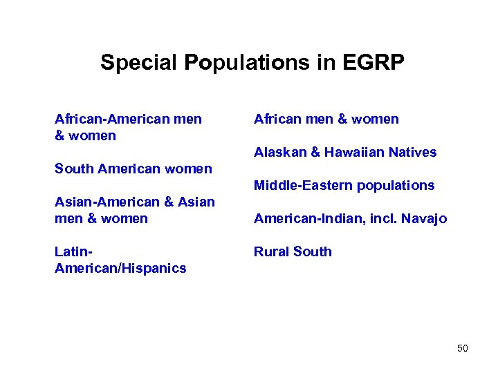 Special Populations in EGRP African-American men & women African men & women Alaskan &