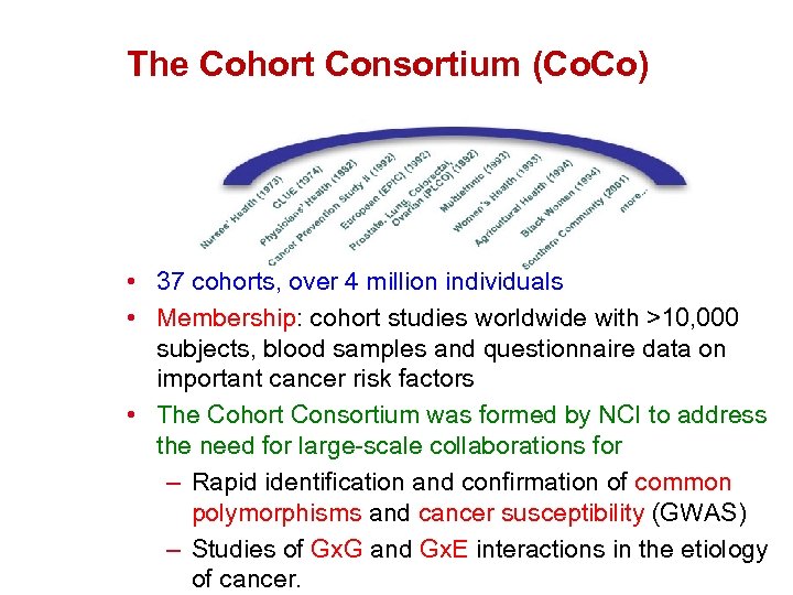 The Cohort Consortium (Co. Co) • 37 cohorts, over 4 million individuals • Membership: