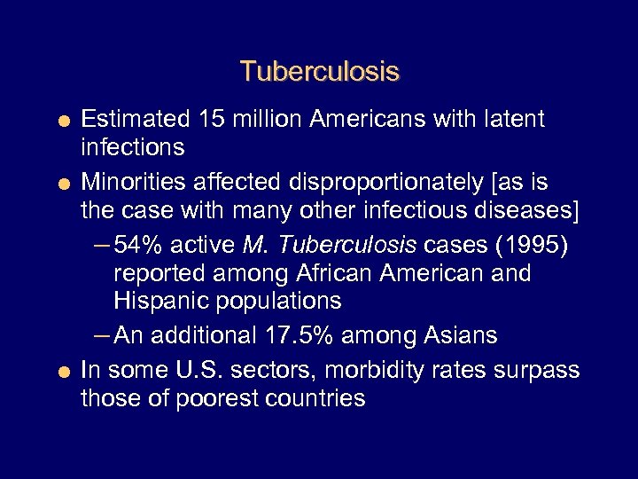 Tuberculosis = Estimated 15 million Americans with latent infections = Minorities affected disproportionately [as