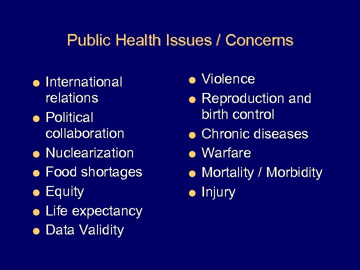 Public Health Issues / Concerns = International = Violence relations = Political collaboration =