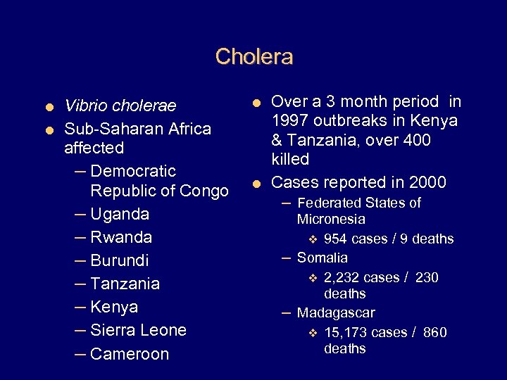 Cholera Vibrio cholerae = Sub-Saharan Africa affected – Democratic Republic of Congo – Uganda