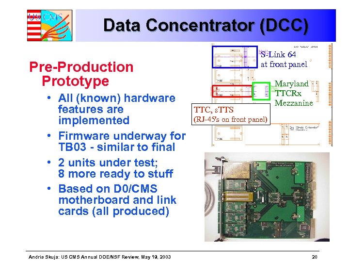 Data Concentrator (DCC) S-Link 64 at front panel Pre-Production Prototype • All (known) hardware