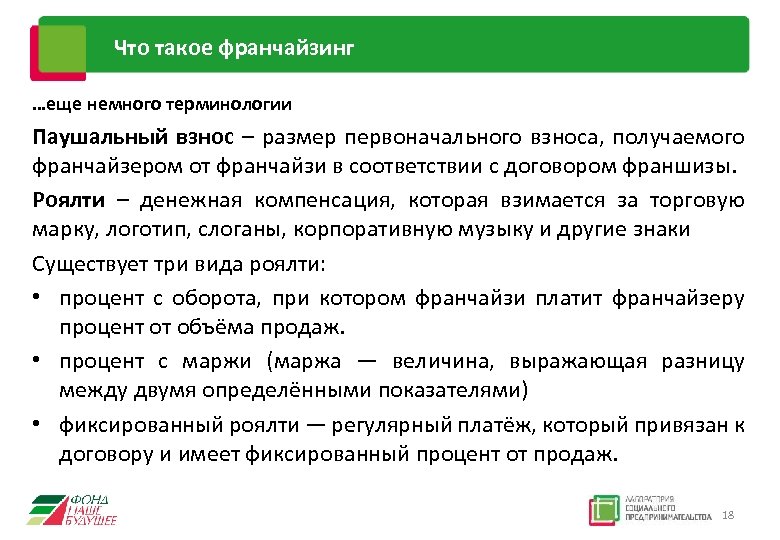 Что такое франчайзинг …еще немного терминологии Паушальный взнос – размер первоначального взноса, получаемого франчайзером