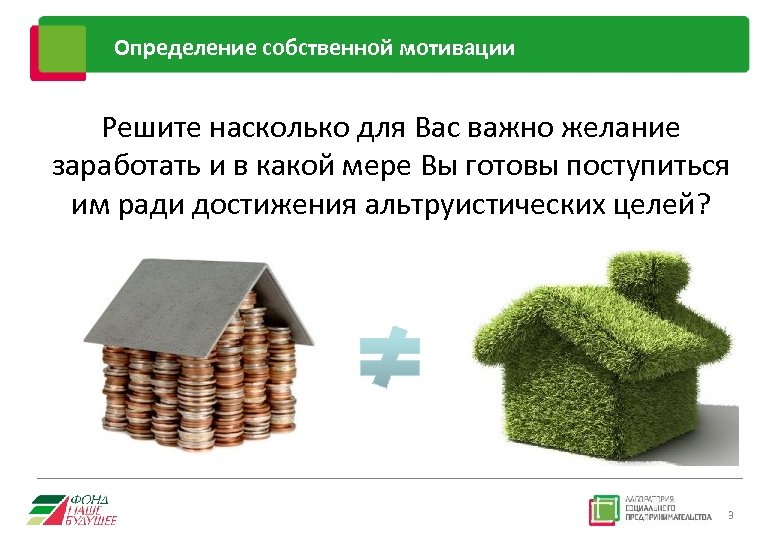 Определение собственной мотивации Решите насколько для Вас важно желание заработать и в какой мере
