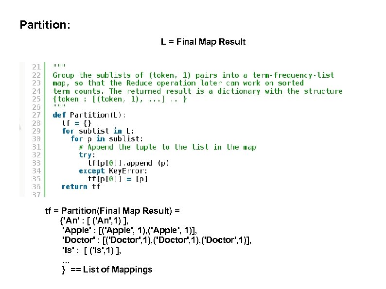 Partition: L = Final Map Result tf = Partition(Final Map Result) = {'An' :