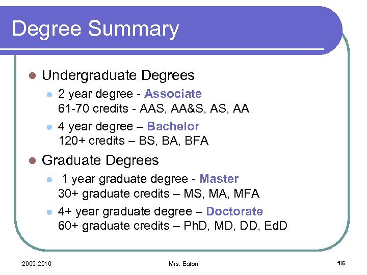 Degree Summary l Undergraduate Degrees l l l 2 year degree - Associate 61