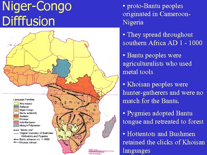 Niger-Congo Difffusion • proto-Bantu peoples originated in Cameroon. Nigeria • They spread throughout southern