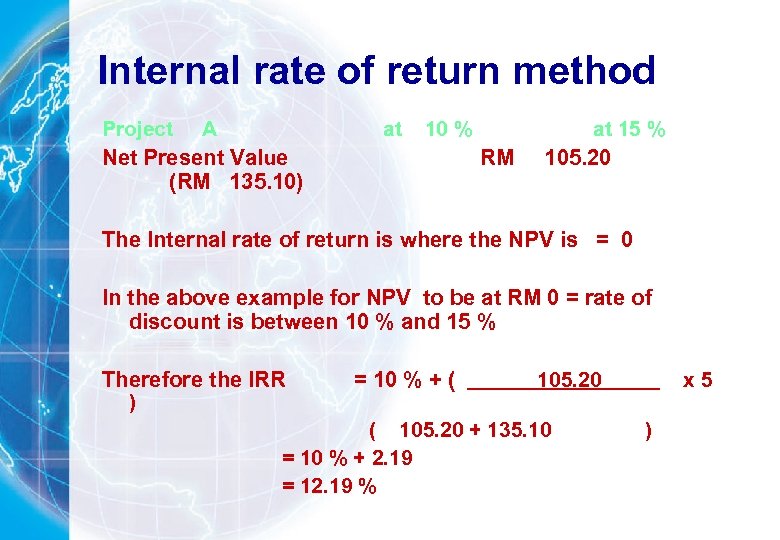 Internal rate of return method Project A Net Present Value (RM 135. 10) at