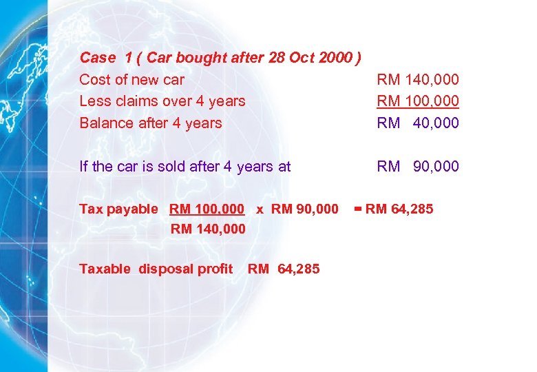 Case 1 ( Car bought after 28 Oct 2000 ) Cost of new car