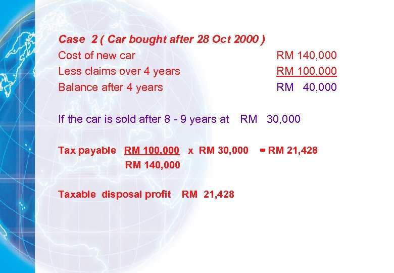 Case 2 ( Car bought after 28 Oct 2000 ) Cost of new car