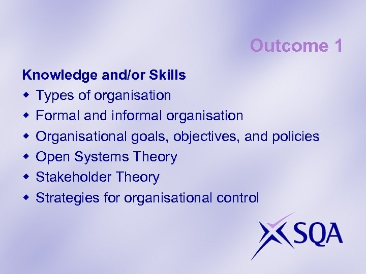 Outcome 1 Knowledge and/or Skills w Types of organisation w Formal and informal organisation