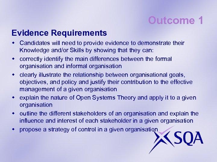 Outcome 1 Evidence Requirements w Candidates will need to provide evidence to demonstrate their