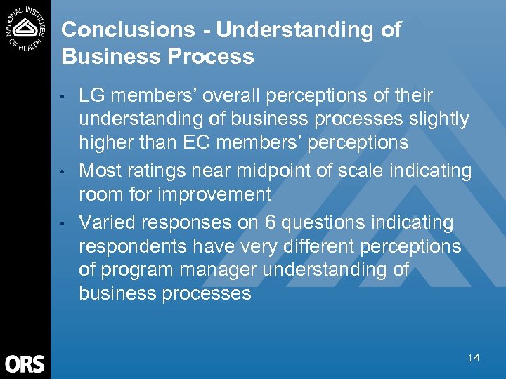 Conclusions - Understanding of Business Process • • • LG members’ overall perceptions of