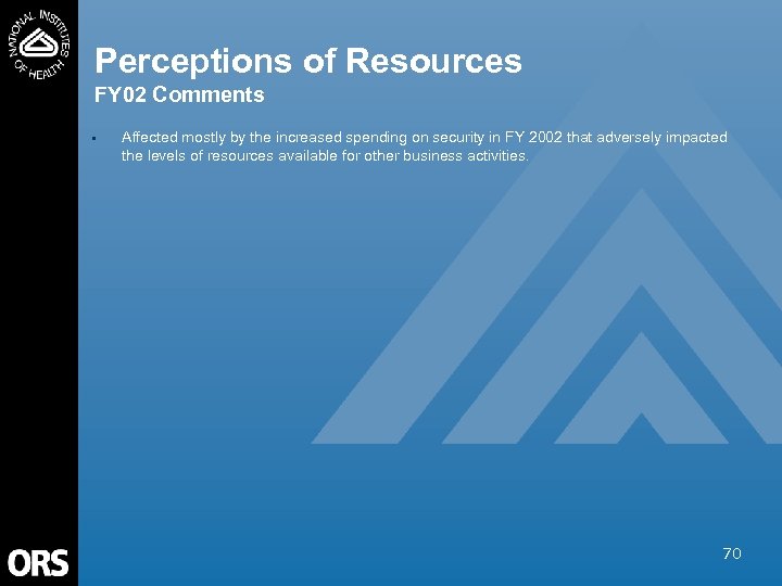 Perceptions of Resources FY 02 Comments • Affected mostly by the increased spending on