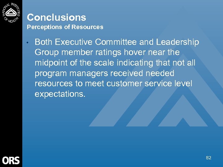 Conclusions Perceptions of Resources • Both Executive Committee and Leadership Group member ratings hover
