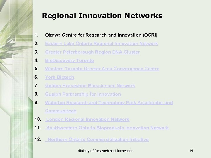 Regional Innovation Networks 1. Ottawa Centre for Research and Innovation (OCRI) 2. Eastern Lake