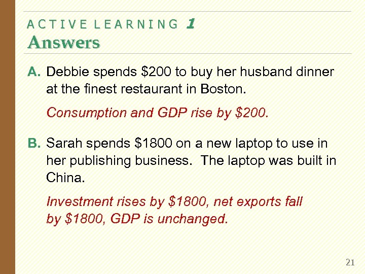 ACTIVE LEARNING Answers 1 A. Debbie spends $200 to buy her husband dinner at