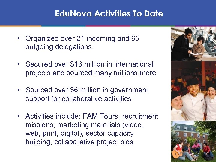 Edu. Nova Activities To Date • Organized over 21 incoming and 65 outgoing delegations