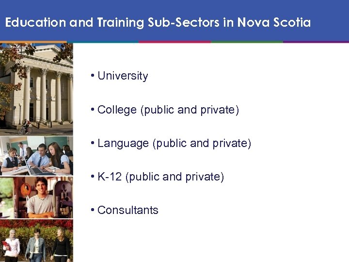 Education and Training Sub-Sectors in Nova Scotia • University • College (public and private)