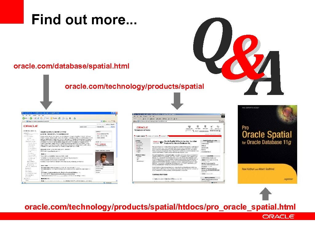 Find out more. . . oracle. com/database/spatial. html Q & A oracle. com/technology/products/spatial/htdocs/pro_oracle_spatial. html