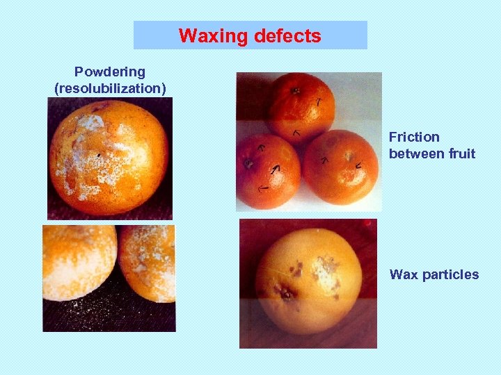 Waxing defects Powdering (resolubilization) Friction between fruit Wax particles 