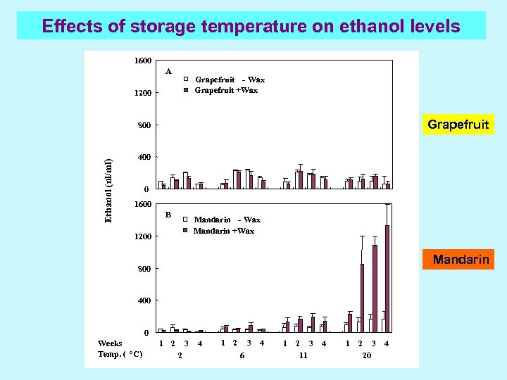 Effects of storage temperature on ethanol levels 1600 A Grapefruit - Wax Grapefruit +Wax
