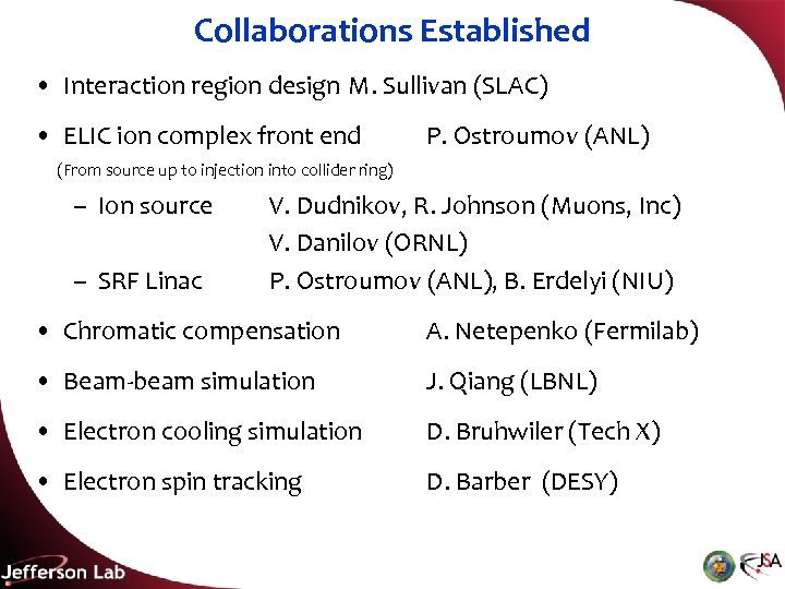 Collaborations Established • Interaction region design M. Sullivan (SLAC) • ELIC ion complex front