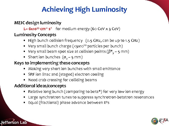 Achieving High Luminosity MEIC design luminosity L~ 6 x 1033 cm-2 s-1 for medium