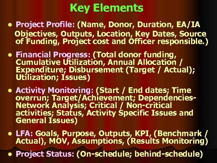 Key Elements l Project Profile: (Name, Donor, Duration, EA/IA Objectives, Outputs, Location, Key Dates,