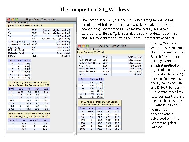 The Composition & Tm Windows The Composition & Tm windows display melting temperatures calculated