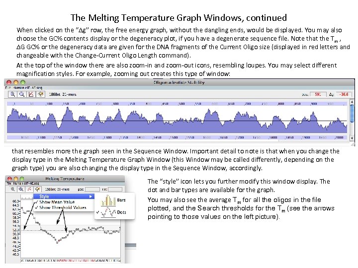 The Melting Temperature Graph Windows, continued When clicked on the “Dg” row, the free