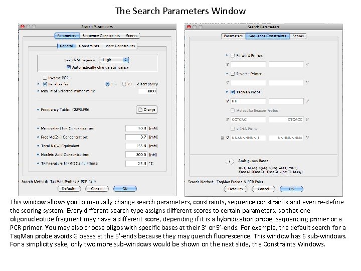 The Search Parameters Window This window allows you to manually change search parameters, constraints,