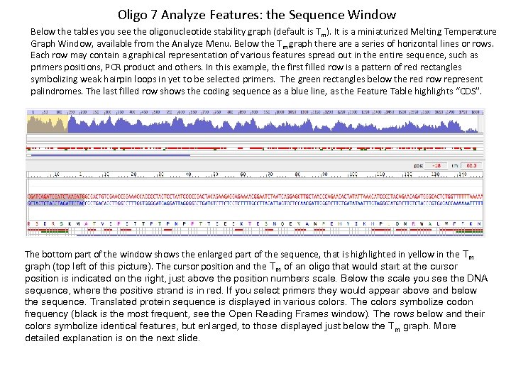 Oligo 7 Analyze Features: the Sequence Window Below the tables you see the oligonucleotide