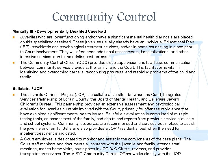 Community Control Mentally Ill - Developmentally Disabled Caseload n Juveniles who are lower functioning