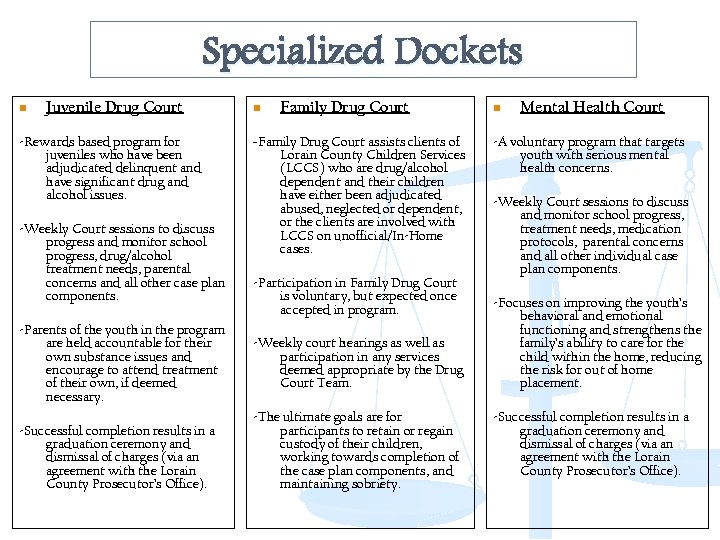 Specialized Dockets n Juvenile Drug Court -Rewards based program for juveniles who have been