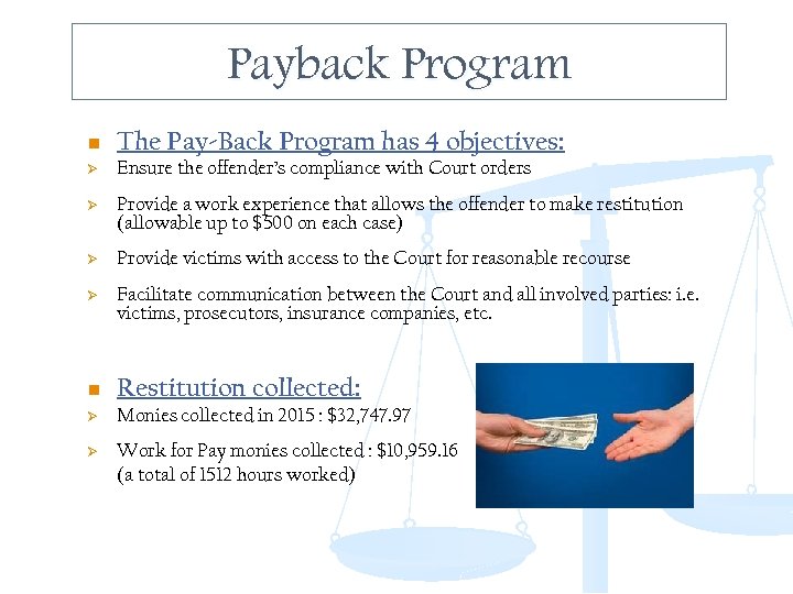 Payback Program n The Pay-Back Program has 4 objectives: Ø Ensure the offender’s compliance