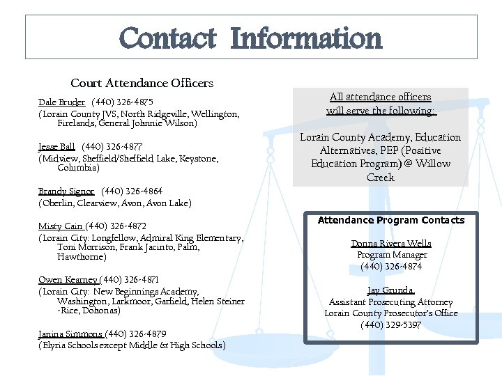 Contact Information Court Attendance Officers Dale Bruder (440) 326 -4875 (Lorain County JVS, North