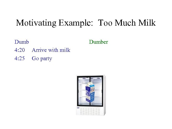 Motivating Example: Too Much Milk Dumb 4: 20 Arrive with milk 4: 25 Go