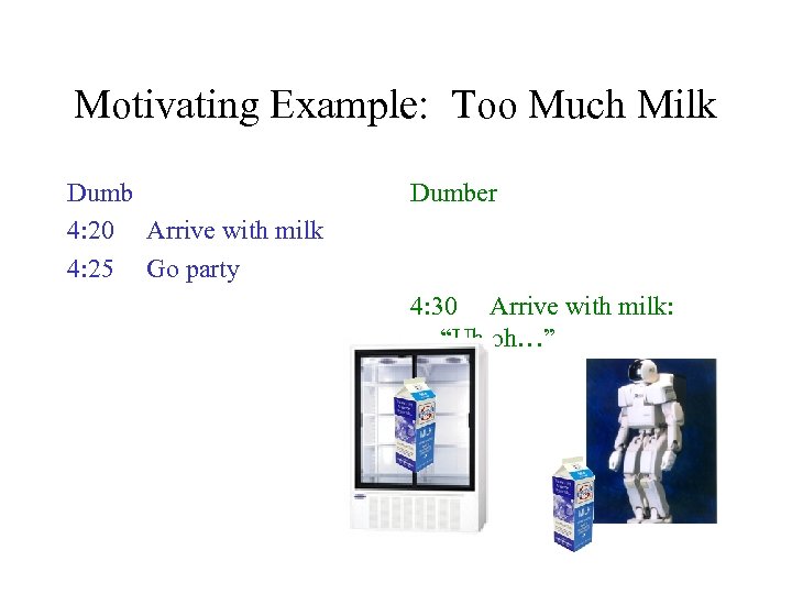 Motivating Example: Too Much Milk Dumb 4: 20 Arrive with milk 4: 25 Go