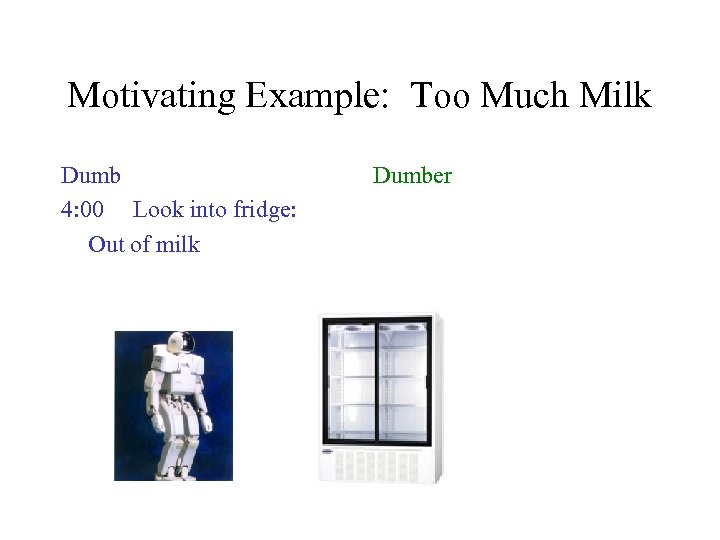 Motivating Example: Too Much Milk Dumb 4: 00 Look into fridge: Out of milk