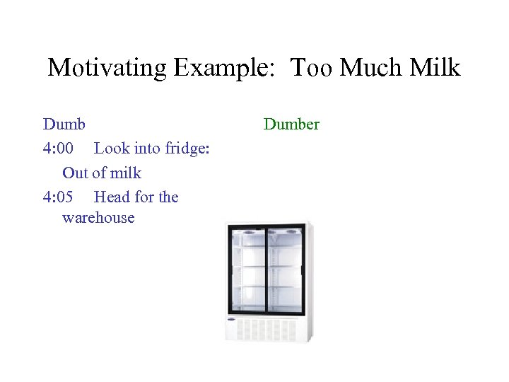 Motivating Example: Too Much Milk Dumb 4: 00 Look into fridge: Out of milk