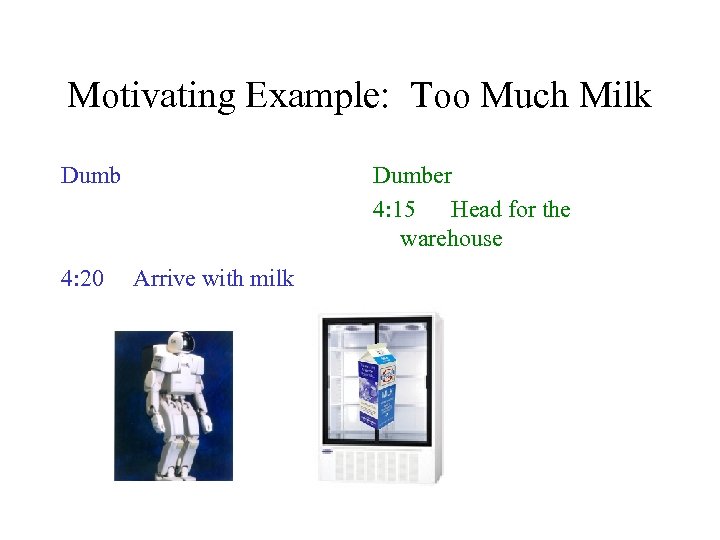 Motivating Example: Too Much Milk Dumb 4: 20 Dumber 4: 15 Head for the