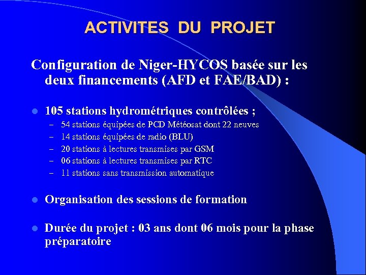 ACTIVITES DU PROJET Configuration de Niger-HYCOS basée sur les deux financements (AFD et FAE/BAD)