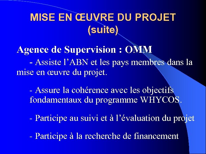MISE EN ŒUVRE DU PROJET (suite) Agence de Supervision : OMM - Assiste l’ABN