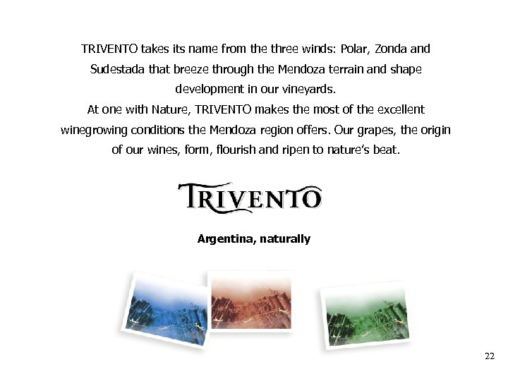 TRIVENTO takes its name from the three winds: Polar, Zonda and Sudestada that breeze