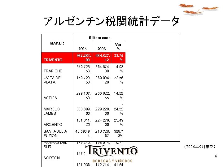 アルゼンチン税関統計データ 9 liters case MAKER 2005 2006 Var % TRIVENTO 362, 263. 00 484,