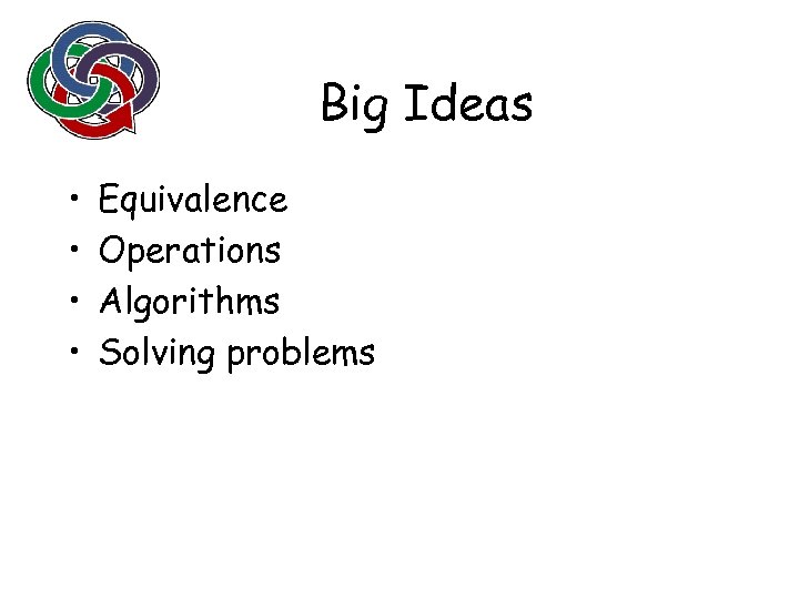 Big Ideas • • Equivalence Operations Algorithms Solving problems 